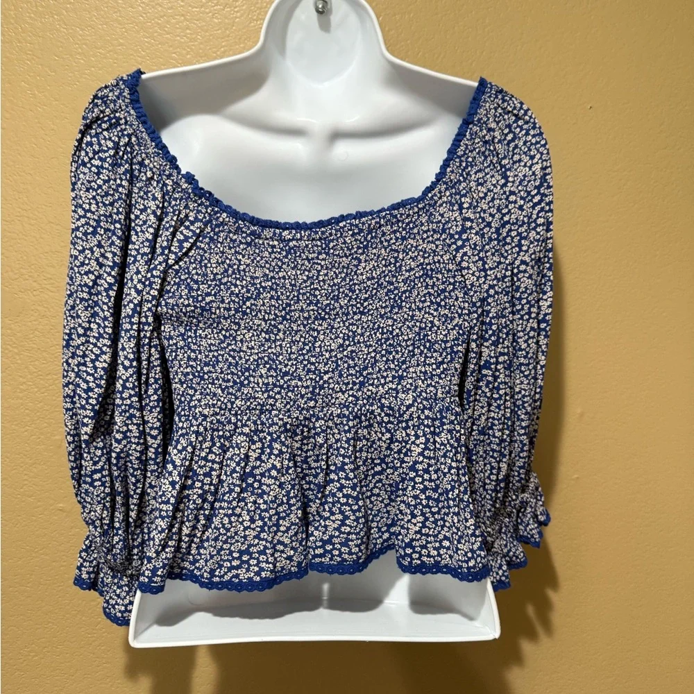 Free People‎ Brittnee Print Smocked Back Peplum Top in Blue Combo Size XS